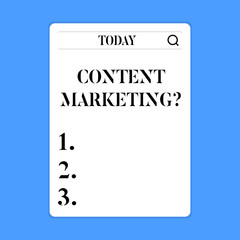 Conceptual hand writing showing Content Marketing question. Concept meaning involves creation and sharing of online material Search Bar with Magnifying Glass Icon photo on White Screen
