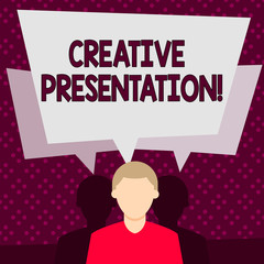 Word writing text Creative Presentation. Business photo showcasing process of presenting a topic to an audience Faceless Man has Two Shadows Each has Their Own Speech Bubble Overlapping