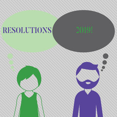 Text sign showing Resolutions 2019. Business photo showcasing promise yourself to do or to not doing something this year Bearded Man and Woman Faceless Profile with Blank Colorful Thought Bubble
