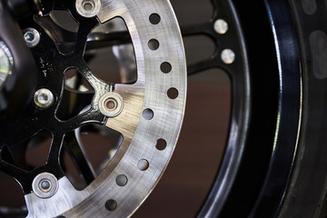 The front wheel of a modern motorcycle