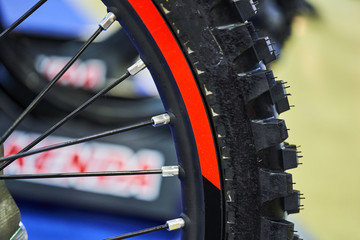 The front wheel of a modern motorcycle