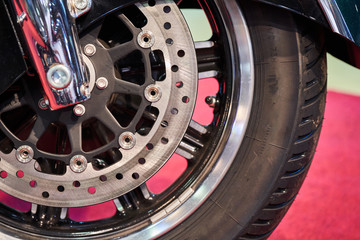 The front wheel of a modern motorcycle