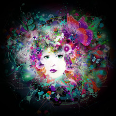 futuristic colorful background with beautiful female face and butterflies 