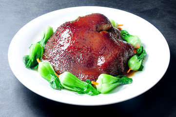 grilled steak with vegetables on plate isolated on white