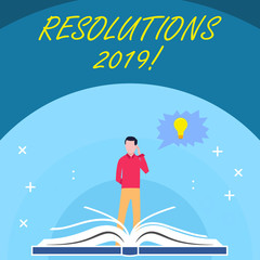 Handwriting text Resolutions 2019. Conceptual photo promise yourself to do or to not doing something this year Man Standing Behind Open Book, Hand on Head, Jagged Speech Bubble with Bulb