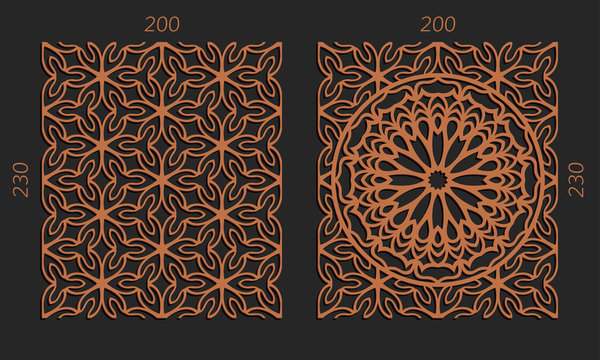 Laser cutting set. Woodcut vector trellis panels. Plywood lasercut floral design. Hexagonal seamless patterns for printing, engraving, paper cut. Stencil lattice ornaments.