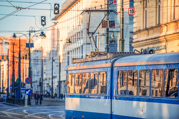 17/02/2019 Krakow, Poland, the city's blue trams are moving in the center of the old city