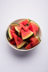 Watermelon / tarbooj fruit cube slices served in a bowl. selective focus