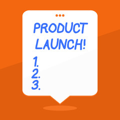 Handwriting text writing Product Launch. Conceptual photo when company decides to release new product in market Blank Space White Speech Balloon Floating with Three Punched Holes on Top