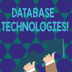 Text sign showing Database Technologies. Business photo showcasing Organization of a collection of data in digital format photo of Hand Holding Colorful Huge 3D Arrow Pointing and Going Up