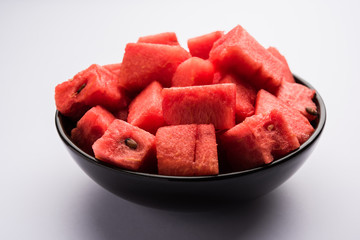 Watermelon / tarbooj fruit cube slices served in a bowl. selective focus