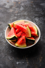 Watermelon / tarbooj fruit cube slices served in a bowl. selective focus
