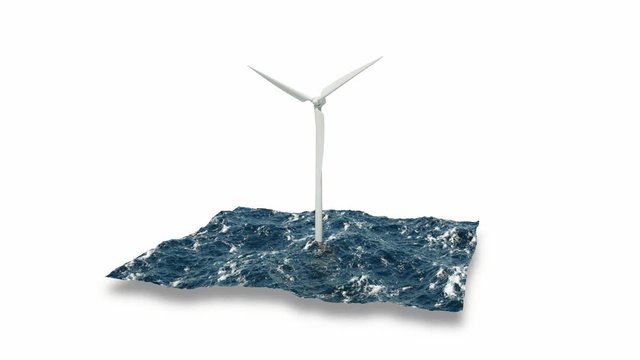 Windmill in sea isolated on white. 3D rendering 4K