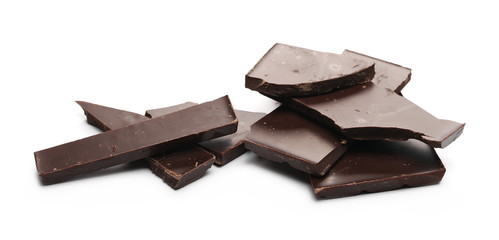 Chocolate bar pieces isolated on white background 