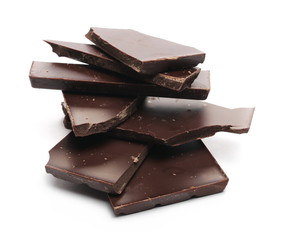 Chocolate bar pieces isolated on white background 