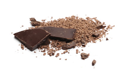 Chocolate bars, pieces with shavings isolated on white background
