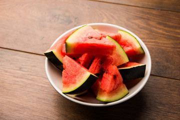 Watermelon / tarbooj fruit cube slices served in a bowl. selective focus