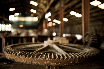 Old steel factory Retro photography Industrial, old factory, metal pipe, dark interior decoration of large hall for production or warehouse.soft focus.