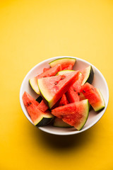 Watermelon / tarbooj fruit cube slices served in a bowl. selective focus