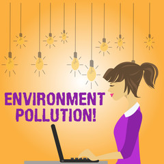 Writing note showing Environment Pollution. Business concept for The contaminants into the natural environment photo of Young Busy Woman Sitting Side View and Working on her Laptop