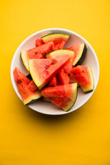 Watermelon / tarbooj fruit cube slices served in a bowl. selective focus