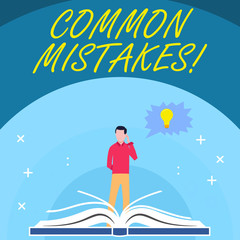Handwriting text Common Mistakes. Conceptual photo repeat act or judgement misguided making something wrong Man Standing Behind Open Book, Hand on Head, Jagged Speech Bubble with Bulb