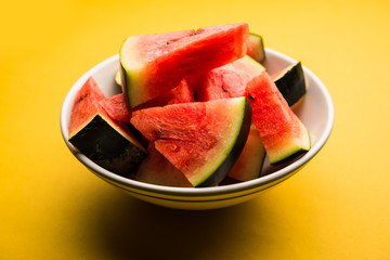 Watermelon / tarbooj fruit cube slices served in a bowl. selective focus