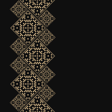 Golden frame in latvian style. Seamless tiled border for design. Baltic background. Luxury card with dotted tiles and place for text.