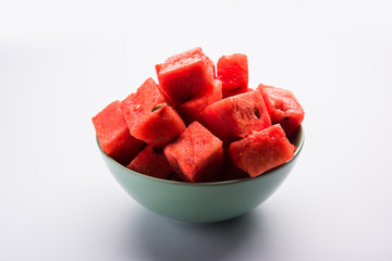 Watermelon / tarbooj fruit cube slices served in a bowl. selective focus