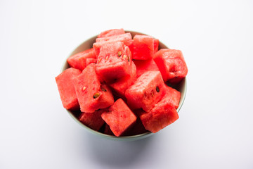 Watermelon / tarbooj fruit cube slices served in a bowl. selective focus