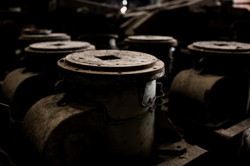 Old steel factory Retro photography Industrial, old factory, metal pipe, dark interior decoration of large hall for production or warehouse.soft focus.