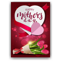 Happy mother's day, modern red congratulations postcard with paper hearts and bouquet of tulips
