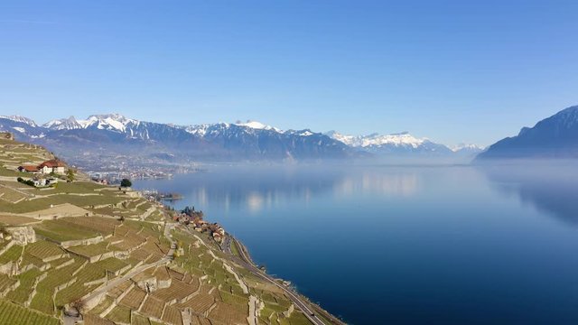 Aerial above Lavaux vineyard in early spring, the Alps reflecting in Lake Leman, aerial climb