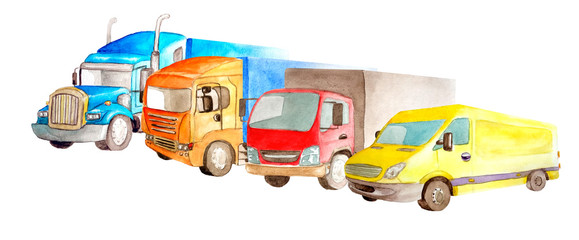 Naklejka premium Watercolor park of trucks, lorries, van of different colors, truck models and designs stand side by side on a white background isolated