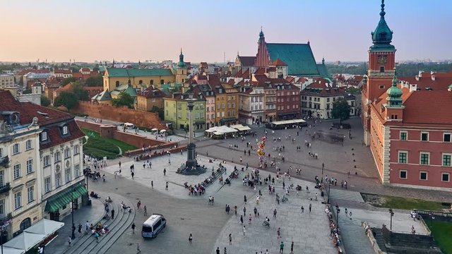 4K Timelapse with zoom: Column of Sigismund III Vasa and Castle Square in Warsaw - a historic square in front of Royal Castle, the former official residence of Polish monarchs.