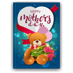 Happy mother's day, modern red congratulations postcard with paper hearts and Teddy bear with a bouquet of tulips