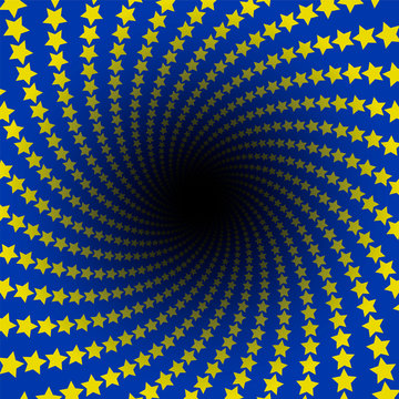 Star pattern. Spiral infinity with black hole. Yellow stars on blue background, European flag colors. Twisted circular fractal illustration, powerful, dynamically. Vector illustration.
