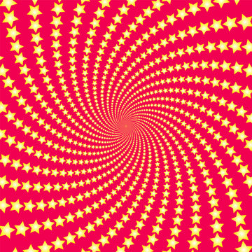 Spiral star pattern. Yellow shootin stars on red background. Twisted circular fractal illustration, powerful, dynamically, hypnotizing design. Vector illustration.