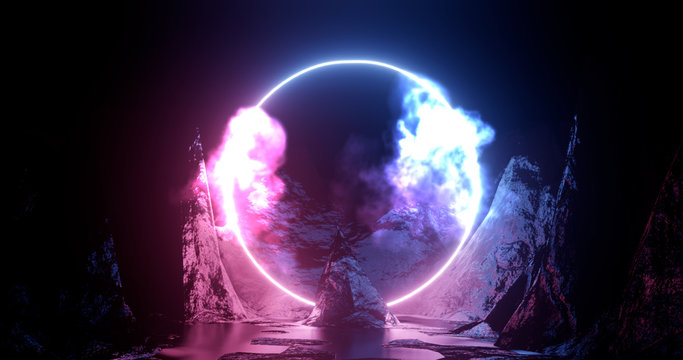 3d rendering illustration. Hoop or circle, Purple and red neon light amid smoke among the rocks and mountains. Neon frame for your design