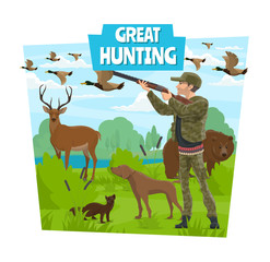 Fototapeta premium Hunting adventure, hunter and wild animals