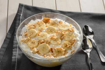 Dessert with banana and cream