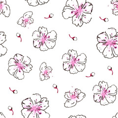 Seamless Hand drawn watercolor sakura background, pink peach flower vector illustration. Romantic garden element for different background