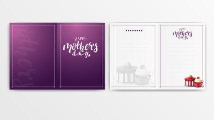 Happy mother's day, modern purple postcard ready to print with gift, strawberry and cupcake