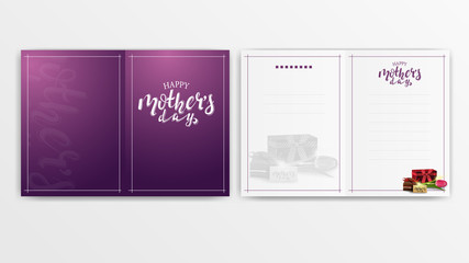 Happy mother's day, modern purple postcard ready to print with gift, Tulip and candy