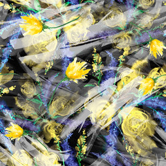 Watercolor seamless vintage background with a floral pattern, a branch of a rose flower, tulip, leaves, lavender, wild flower. Fashionable and stylish drawing. Abstract splash of blue, White,Violet