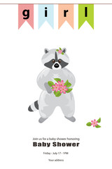 Grey raccoon stands with a bouquet of pink flowers in its paws