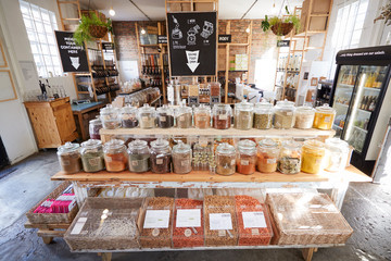 Display Of Spices In Sustainable Plastic Packaging Free Grocery Store