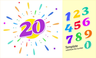 Colored cartoon numbers. Vector set of 1-9 digit. Template layout for greetings, the number 20 in color fireworks. Vector illustration.