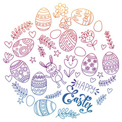 Happy Easter. Vector pattern with eggs, bunny, flowers.