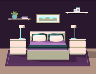 Bedroom with furniture. Flat cartoon style vector illustration.